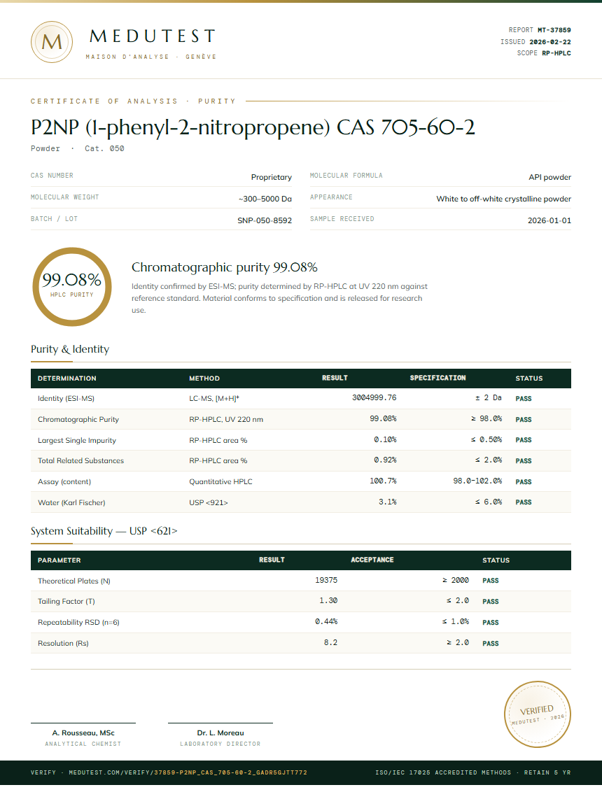 P2NP (1-phenyl-2-nitropropene) CAS 705-60-2 Purity (HPLC) report by Medutest
