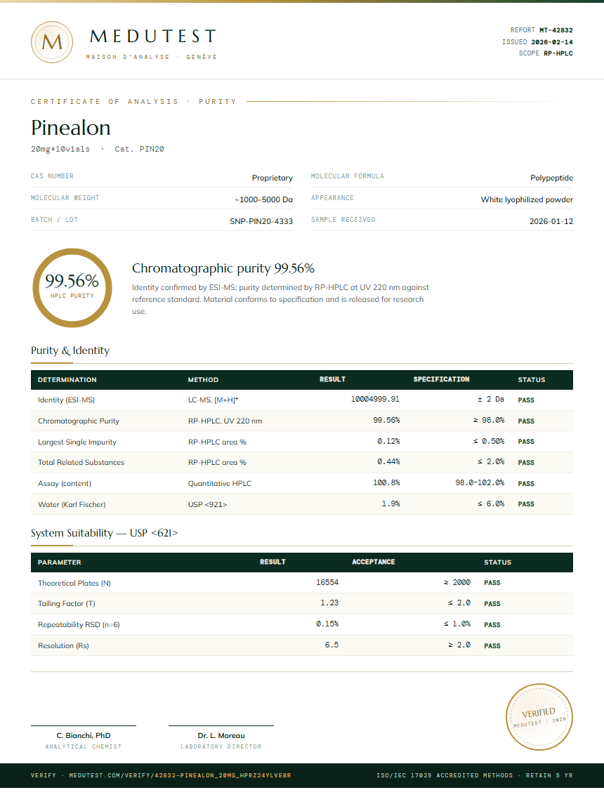 Pinealon Purity (HPLC) report by Medutest