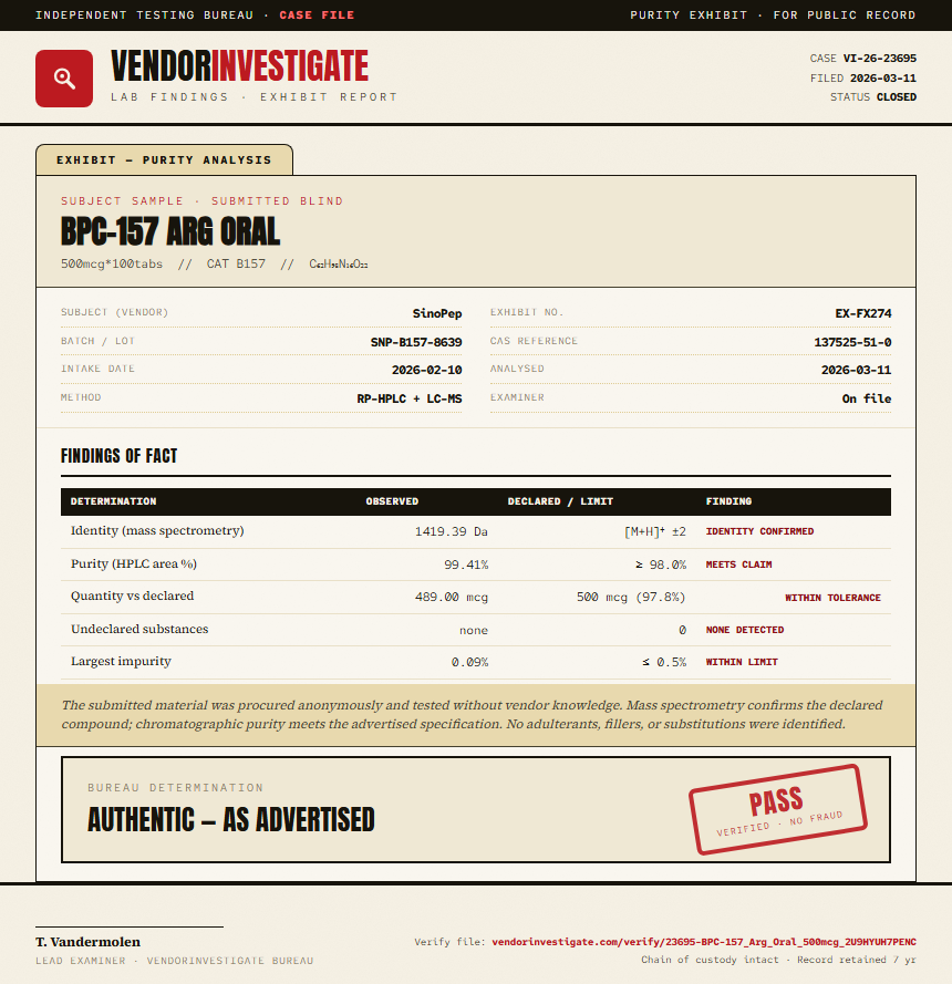 BPC-157 Arg Oral Purity (HPLC) report by VendorInvestigate