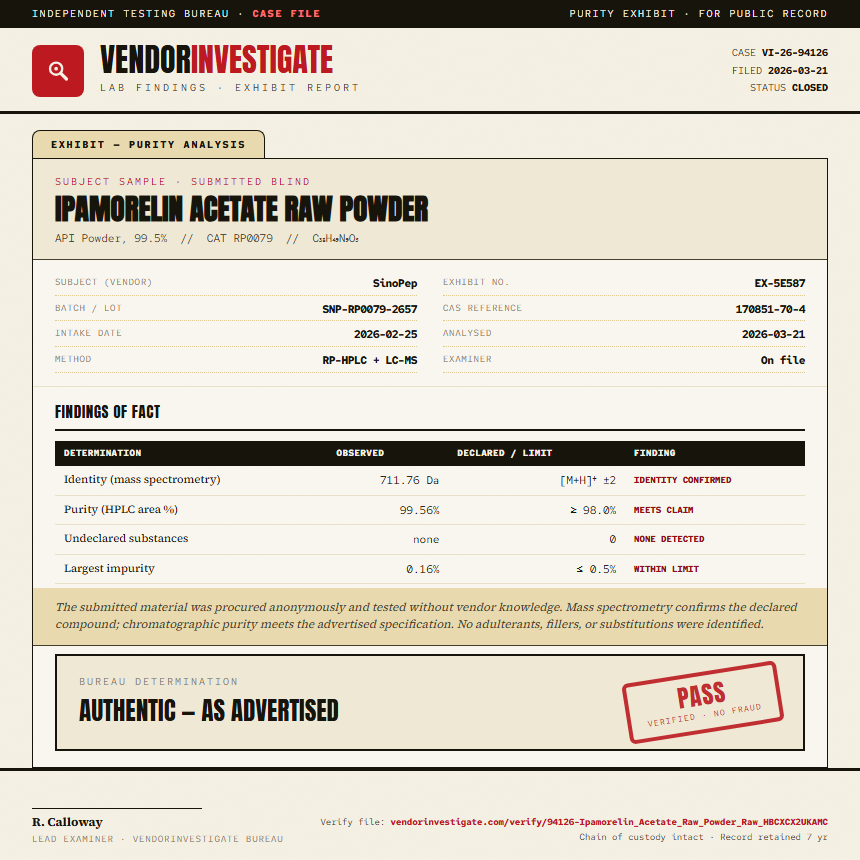 Ipamorelin Acetate Raw Powder Purity (HPLC) report by VendorInvestigate